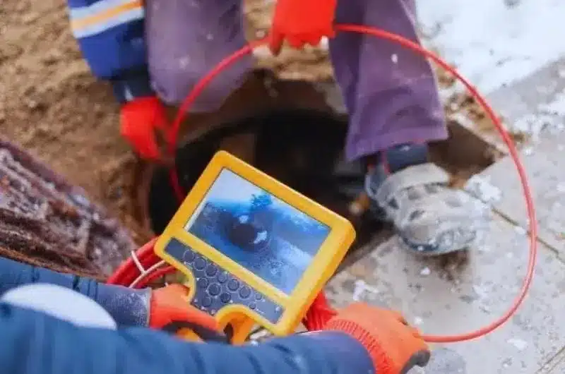 Plumber feeding a sewer inspection camera into a main line cleanout